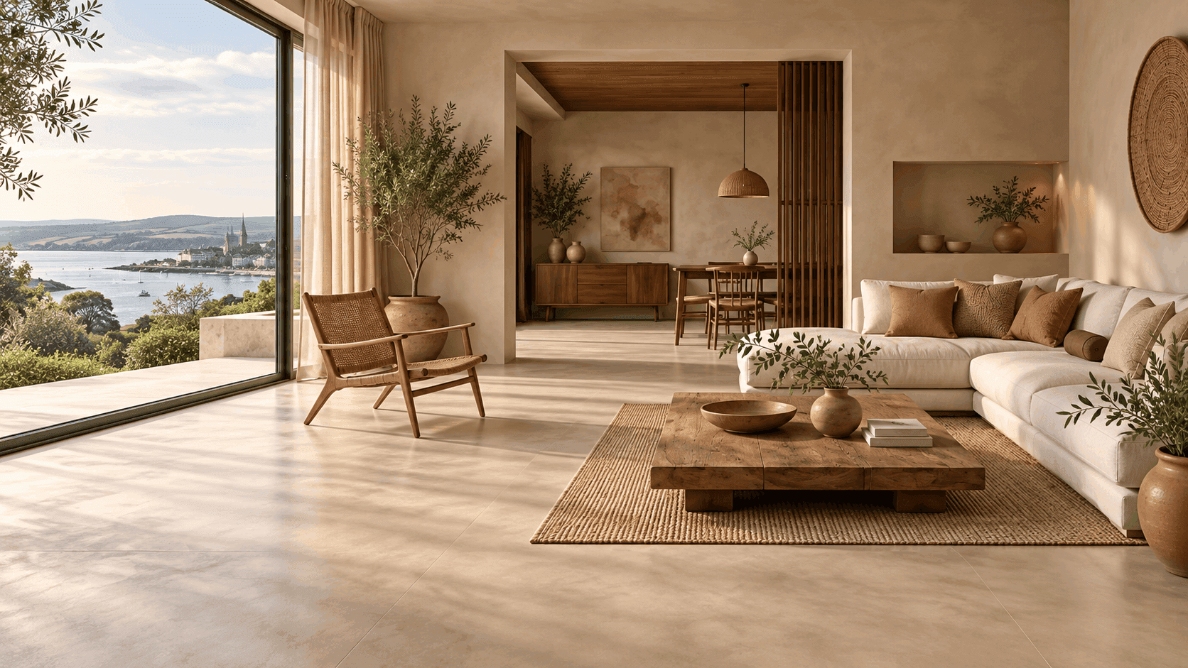 Warm Cork interior with seamless microcement floor, walls and coastal view