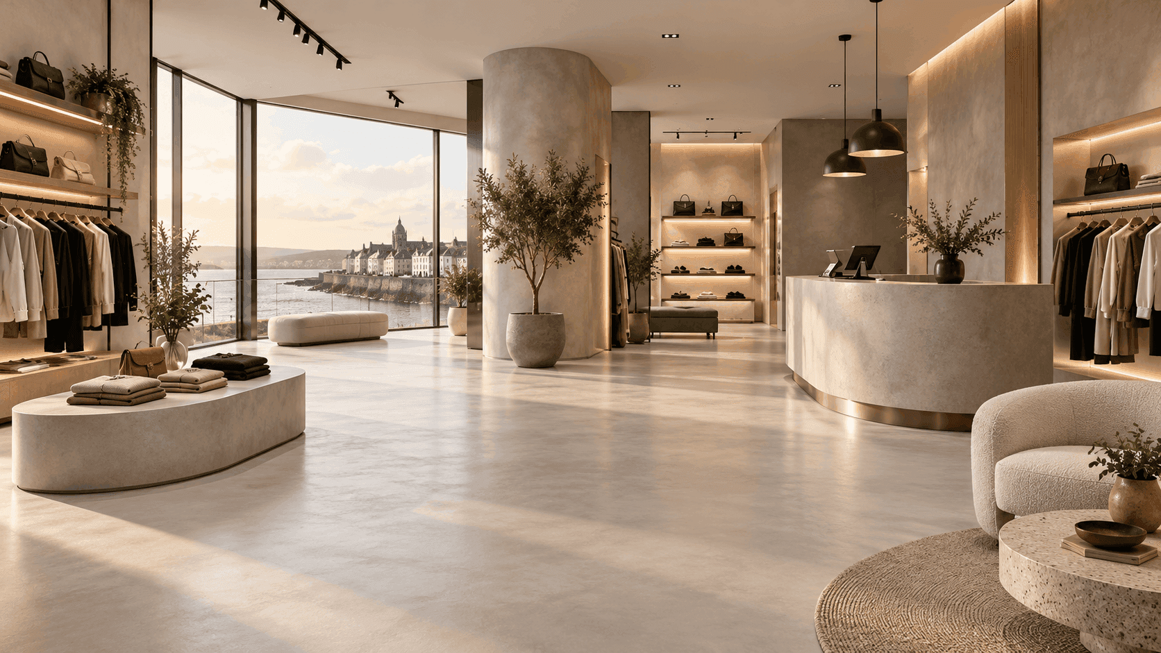 Galway retail interior with seamless microcement floors, walls and counters