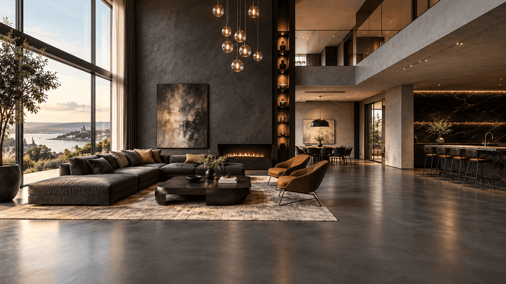 Limerick interior with seamless dark microcement floors and feature walls