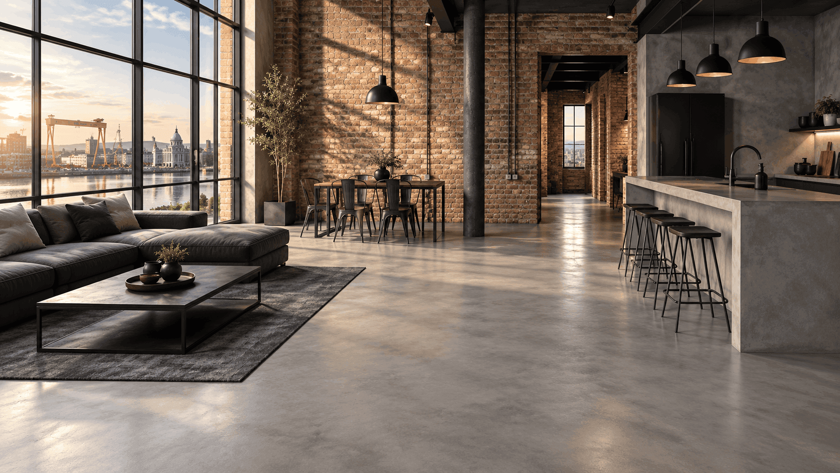 Belfast industrial interior with seamless microcement floors and worktops