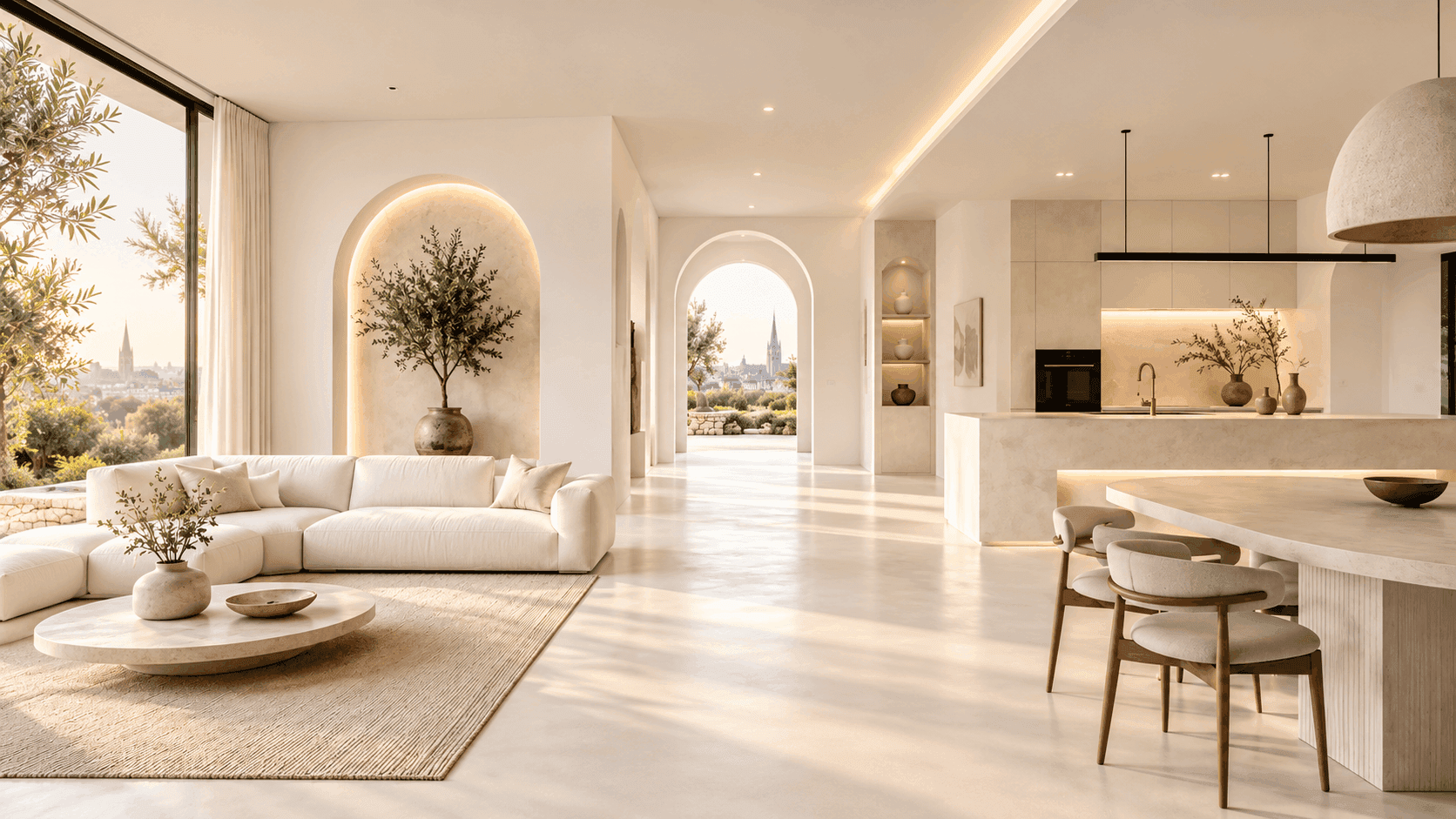 Bright Dublin interior with seamless microcement floors, kitchen and living space